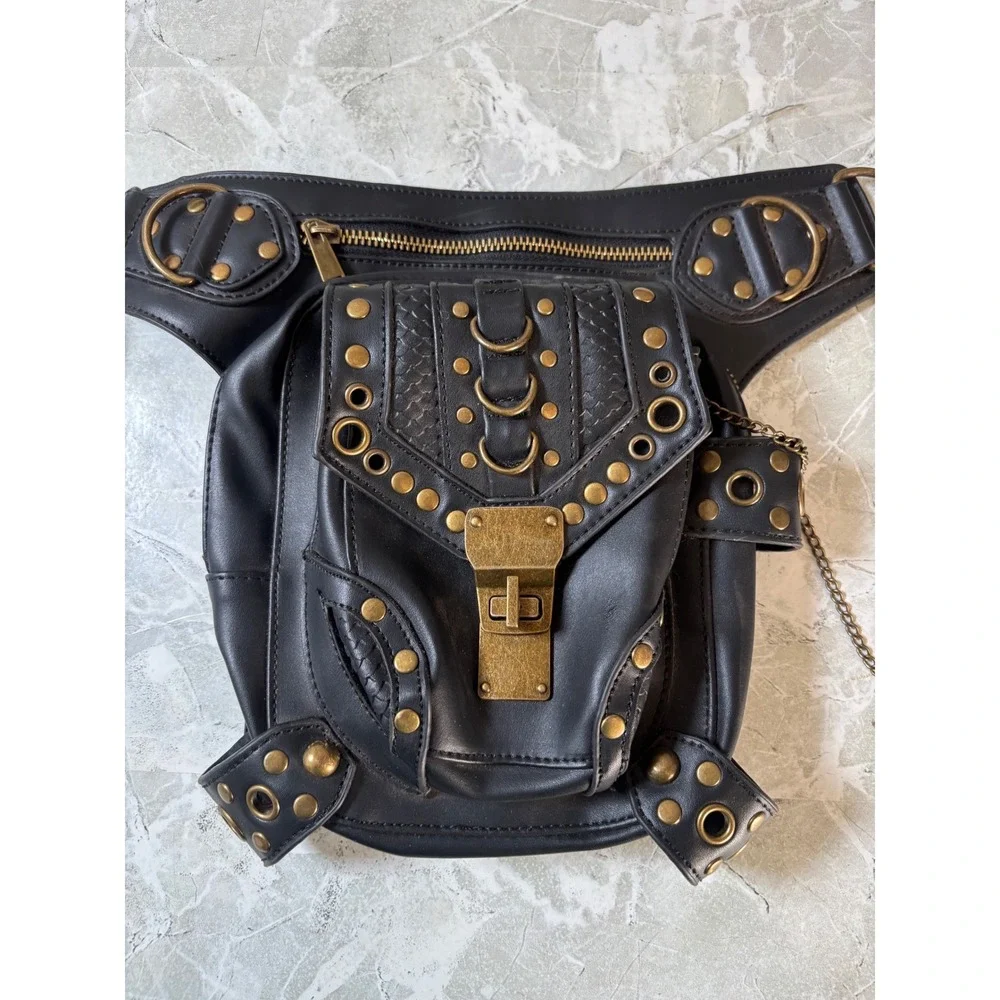 GT Steel Moster Black Steampunk Drop Leg Bag Tactical Cross Body Brass Studded - Picture 2 of 8